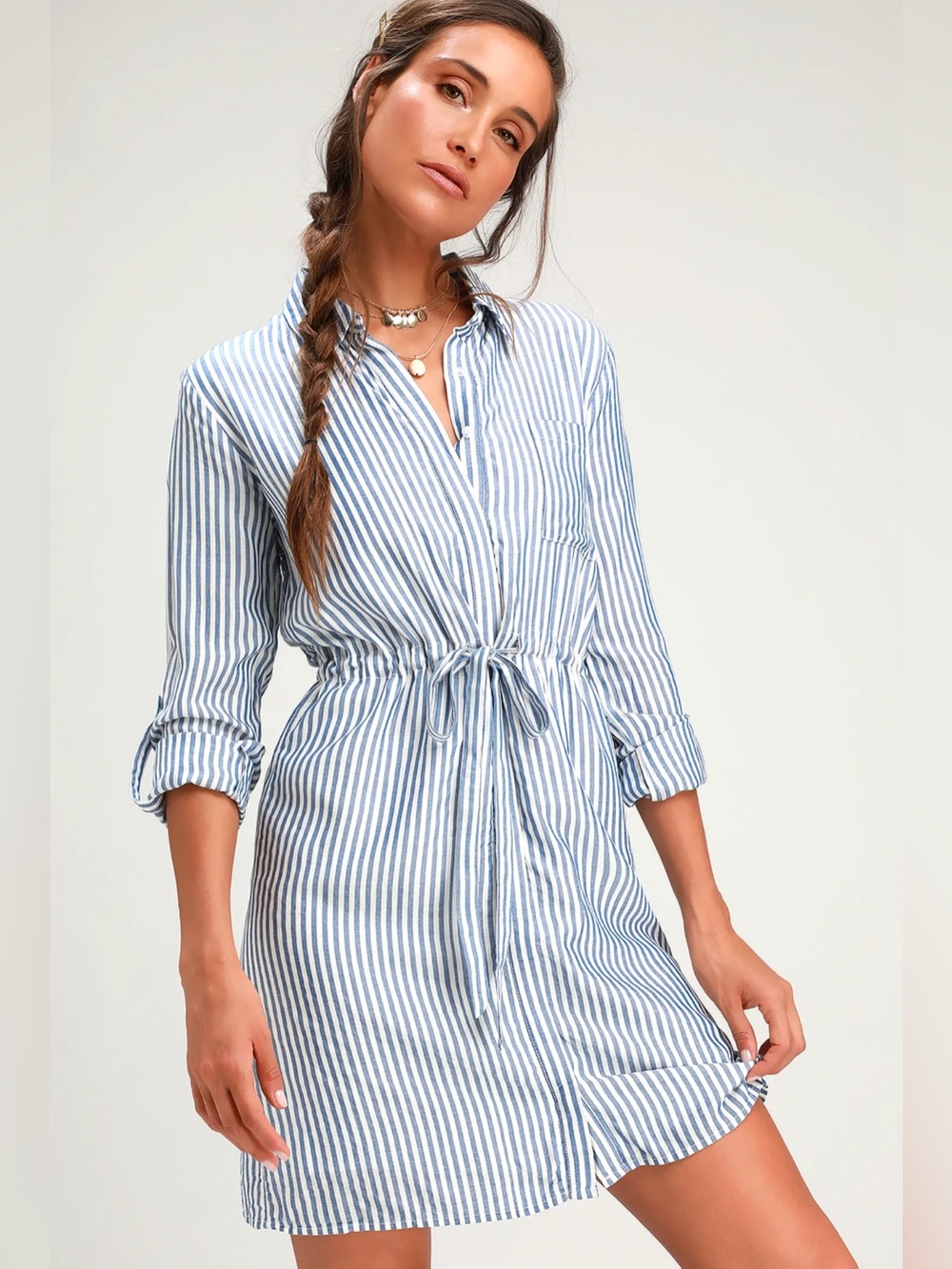 Lulus Lifestyle Blue and White Striped Long Sleeve Shirt Dress